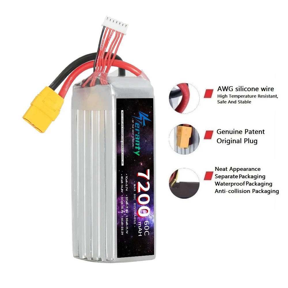 TERANTY 6S 22.2V 7200mAh 60C Lipo Battery, The Teranty 6S 22.2V 7200mAh 60C Lipo Battery is designed for RC FPV drones with multiple connectors for versatility.