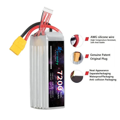 TERANTY 6S 22.2V 7200mAh 60C Lipo Battery, The Teranty 6S 22.2V 7200mAh 60C Lipo Battery is designed for RC FPV drones with multiple connectors for versatility.