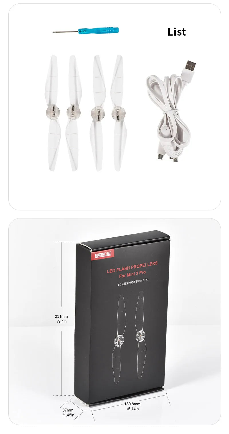 LED Light Flash Propeller - 4pcs Mini 3 Pro Rechargeable Low-Noise Quick-Release Propeller for DJI Mini 4 Pro Drone Quadcopter Accessories 20 LED Light Flash Propeller, List LED Mini 3 Pro For LEDi 231mm /9.Iin 130.8mm