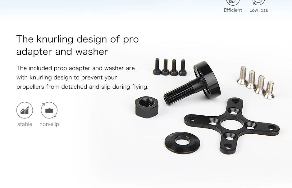 T-motor, included prop adapter and washer are W with knurling design to prevent your propel