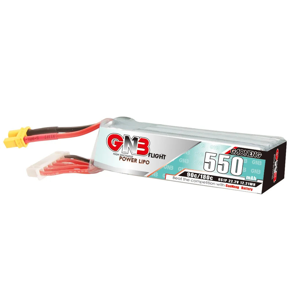 GaoNeng GNB 6S 22.2V 550mAh 90C/180C LiPo Battery, GNB 6S LiPo battery with XT30 plug for high-drain applications like flight and high-performance devices.