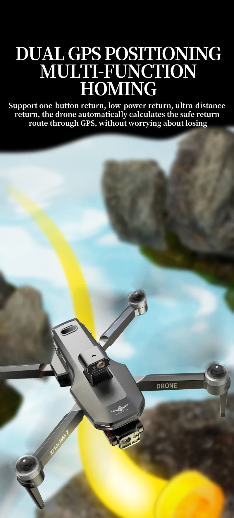 KF104 MAX2 Drone, GPS tracking and homing modes ensure safe drone returns with one-touch ease.