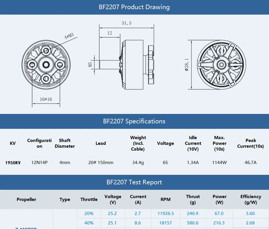 T-MOTOR, BF2207 Test Report Voltage Current Thrust Power Efficiency Propeller Type Throttle