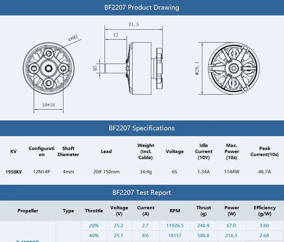 T-MOTOR, BF2207 Test Report Voltage Current Thrust Power Efficiency Propeller Type Throttle