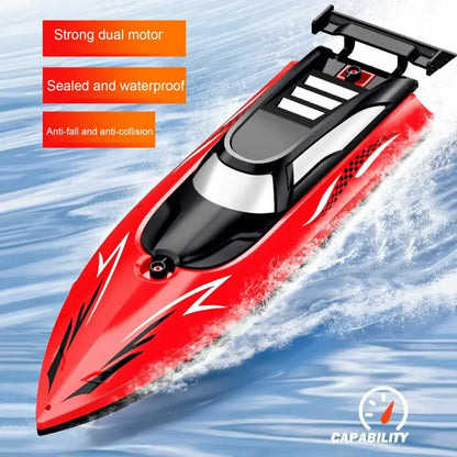 Kmoist 2.4GHz RC Boat, High-speed, dual-motor RC boat with waterproof, anti-fall, anti-collision features and LED lights.