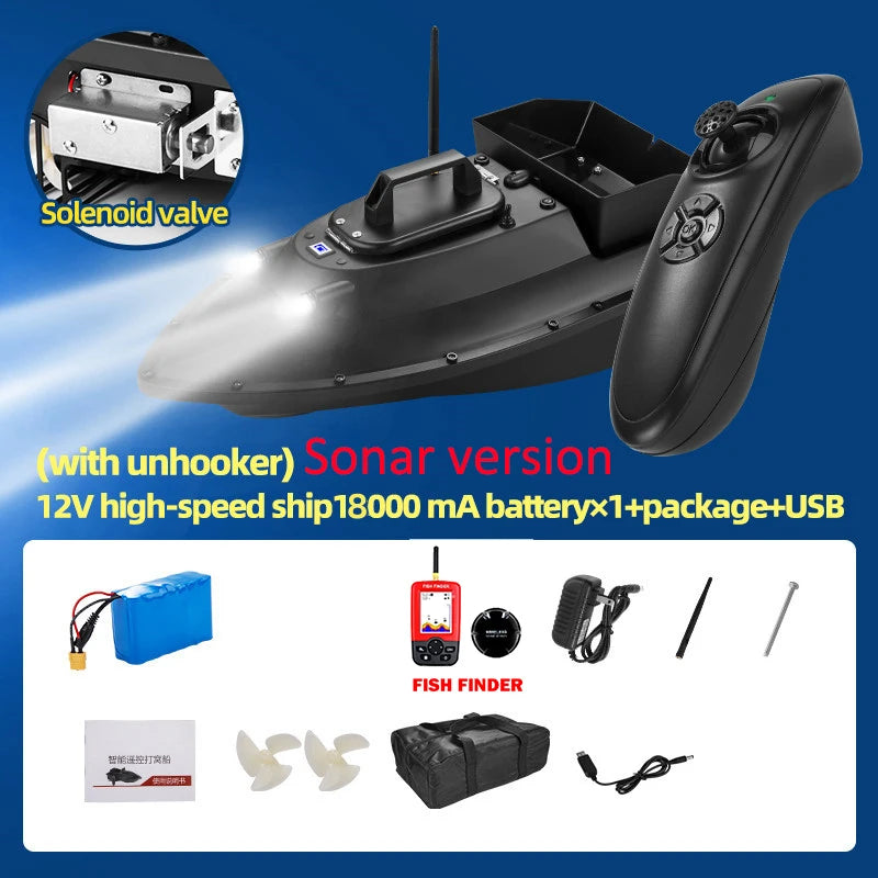 This RC boat features 12V power, GPS navigation, long-range remote control, and various advanced features like night lights and auto return.