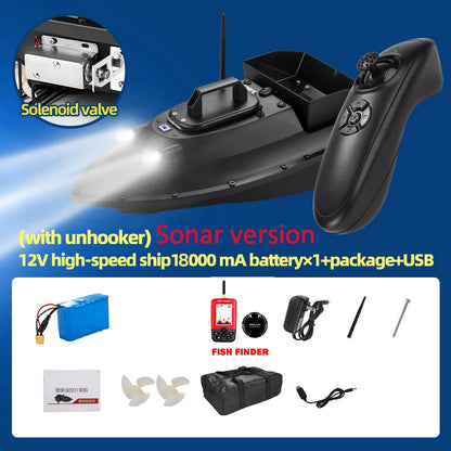 This RC boat features 12V power, GPS navigation, long-range remote control, and various advanced features like night lights and auto return.
