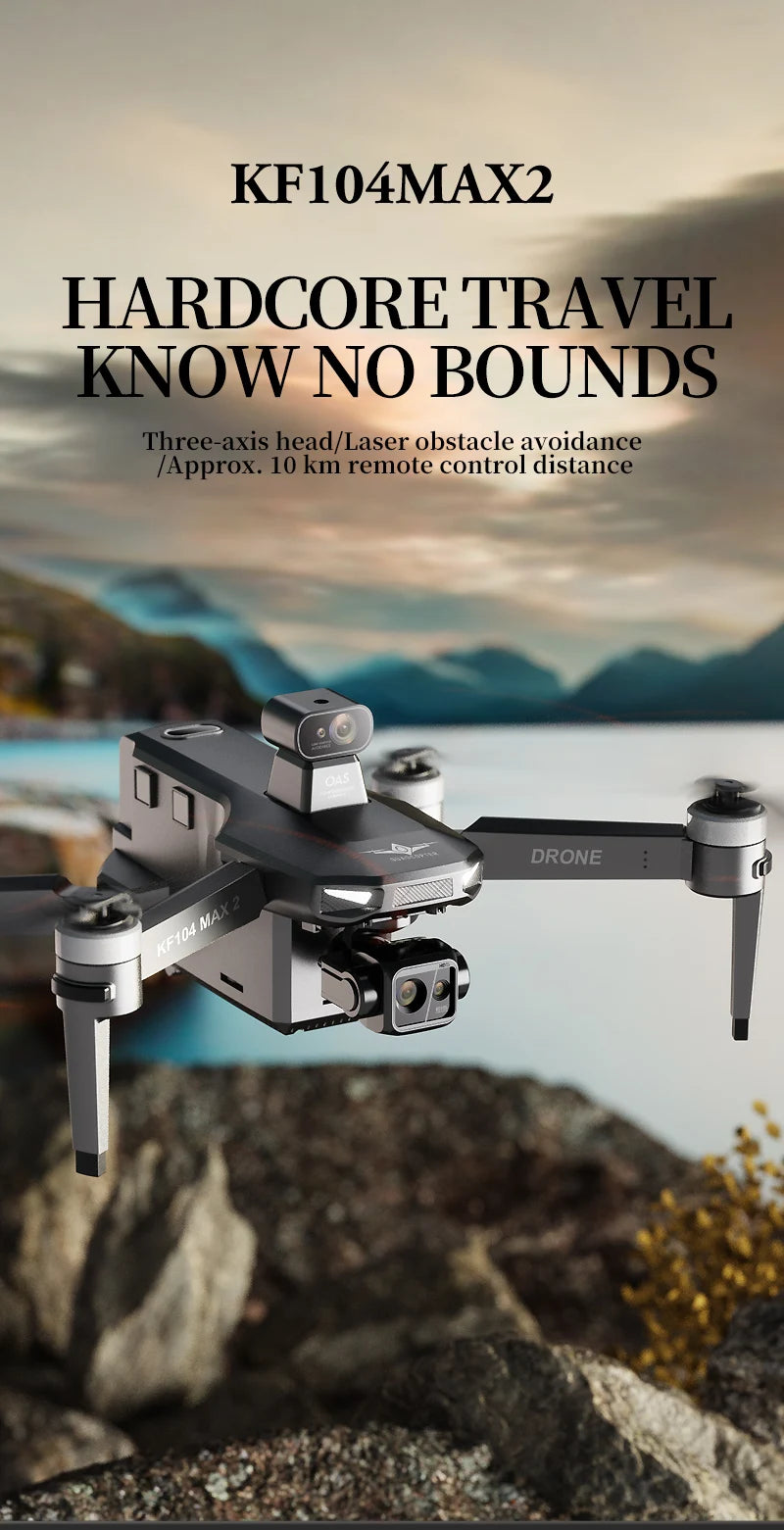 KF104 MAX2 Drone, Drone with 4K camera, 3-axis gimbal, Wi-Fi, and obstacle avoidance for long-range remote control flights.