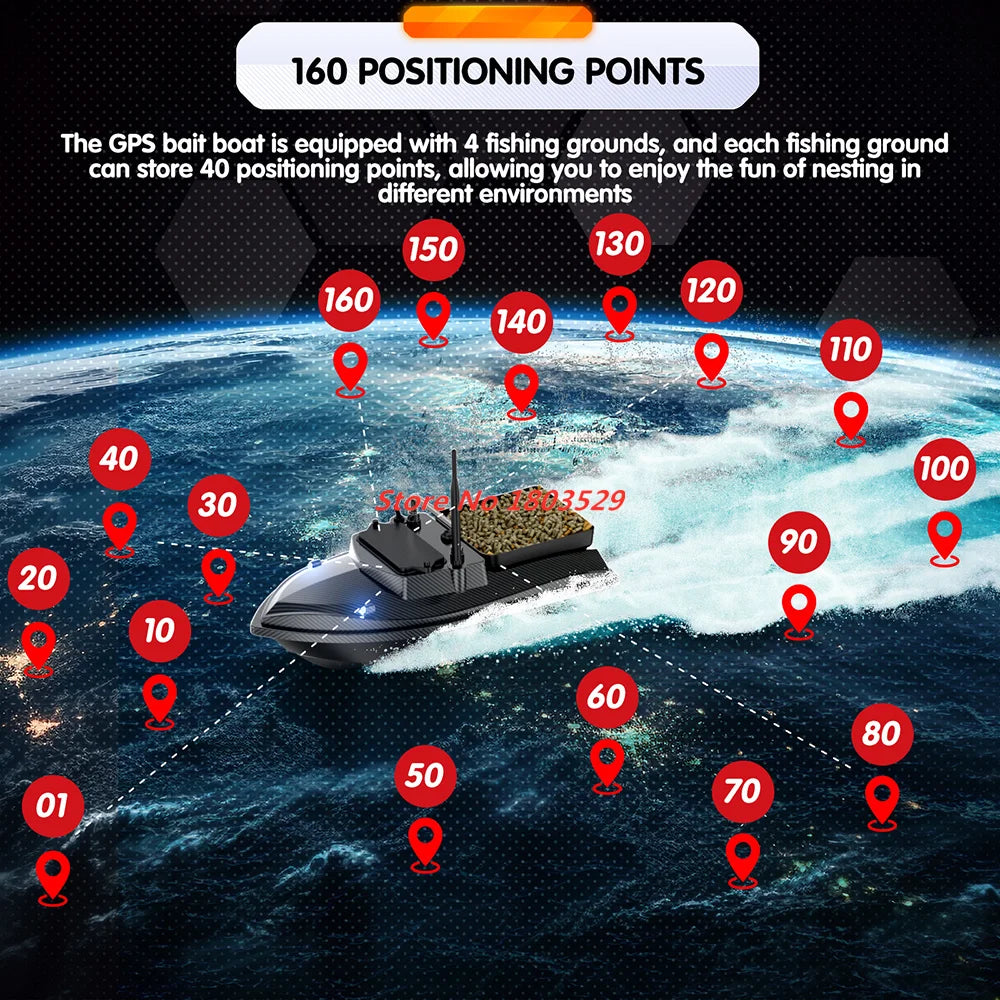 Tccicadas V060 GPS Fishing Bait Boat, GPS bait boat with 160 positioning points, 4 fishing zones, auto-return, dual motors, 500M range, 2kg hopper, CE certified.