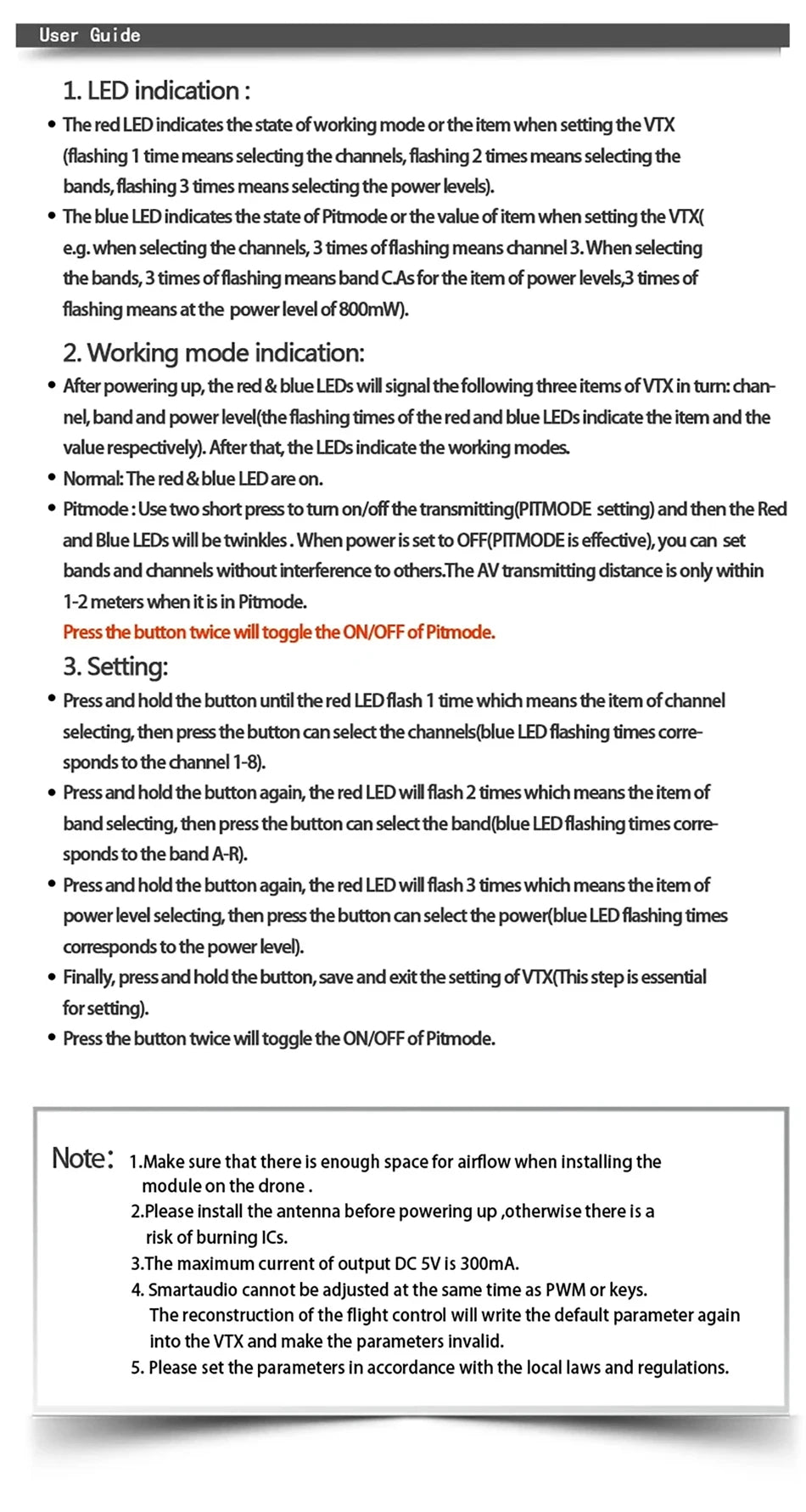 5.8GHz 1.6W FPV VTX, red LED indicates the state of working mode or theitem when setting the VTX