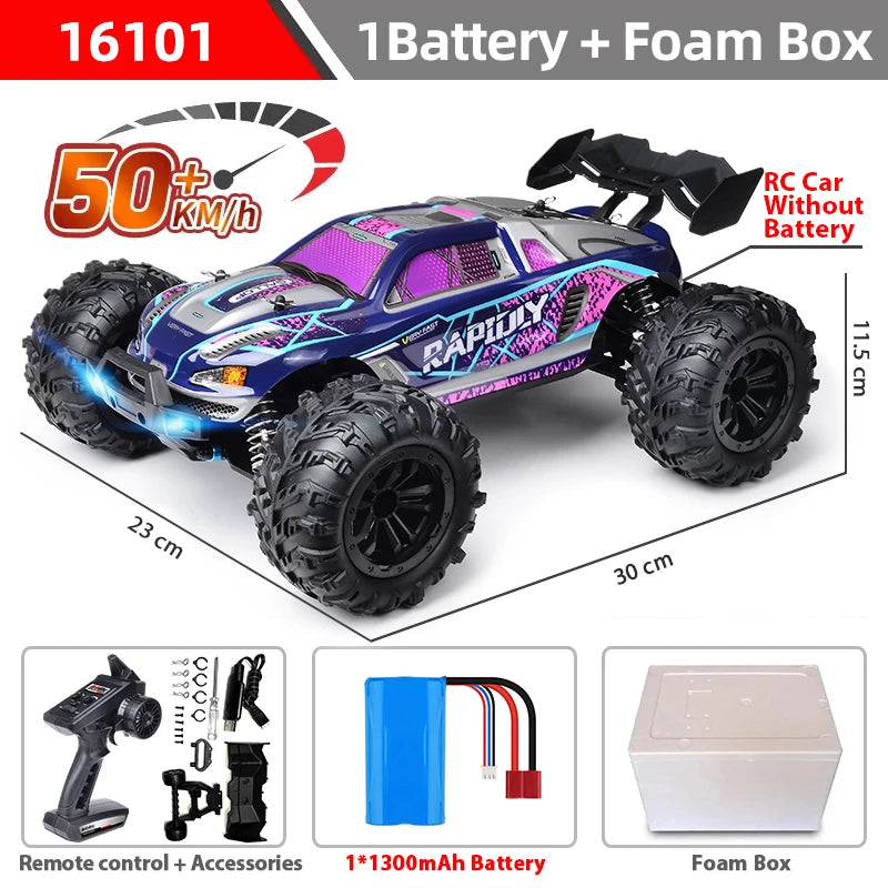 RC Buggy 16101: 50+ km/h speed, 2.4GHz, includes 1 battery, foam box, remote, and accessories.