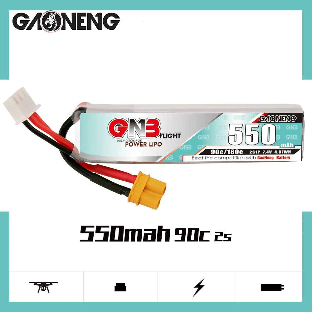 Rechargeable lithium-ion polymer batteries for quadcopters and FPV drones, 550mAh, 90C discharge rate.