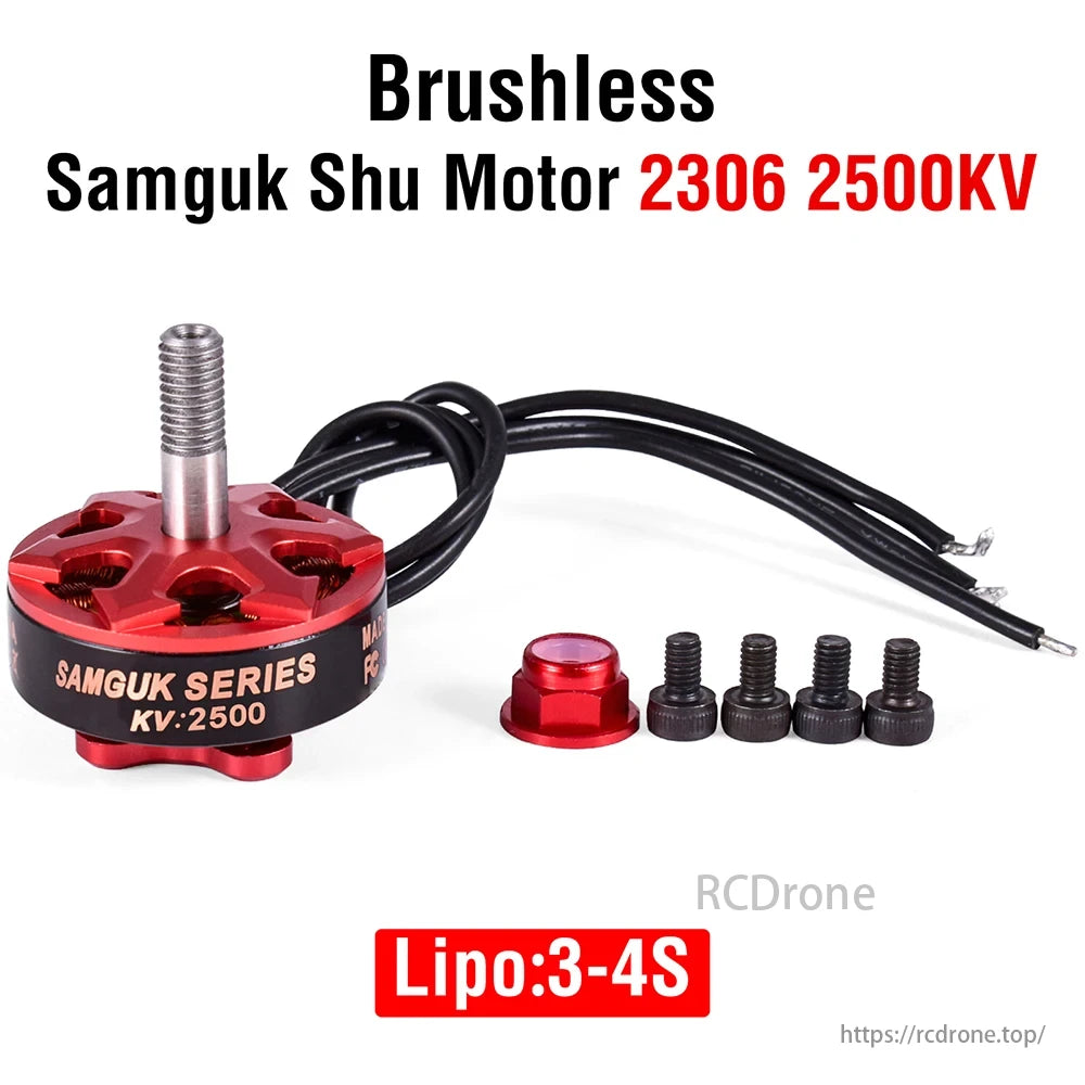 Samguk Shu 2306 Brushless Motor, 2500KV, compatible with 3-4S Lipo batteries, includes accessories.