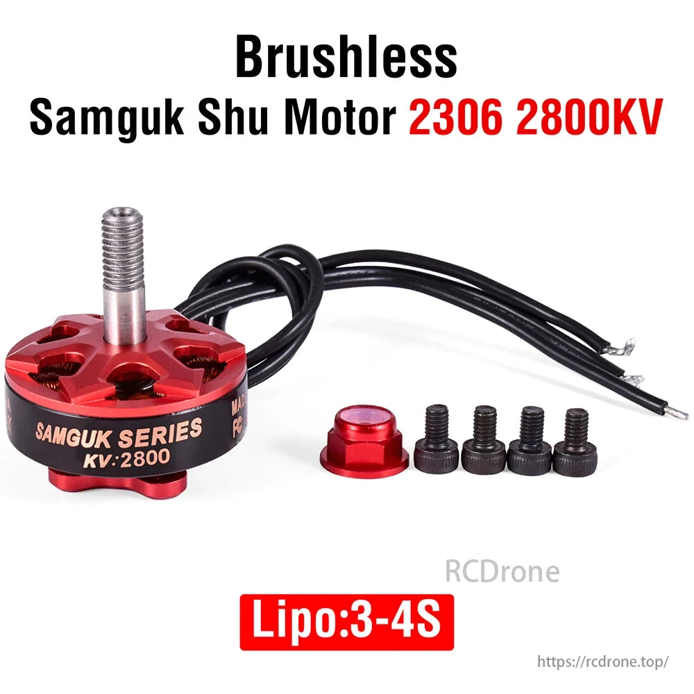 Samguk Shu 2306 Brushless Motor, 2800KV, compatible with 3-4S Lipo batteries, features red and black color.