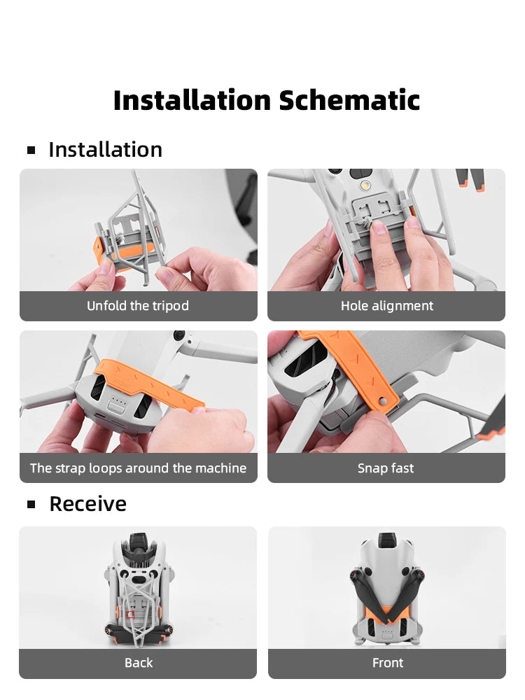 Accessories Kit for DJI Mini 4 Pro, Installation Schematic Installation Unfold the tripod Hole alignment The strap loops around the machine Snap