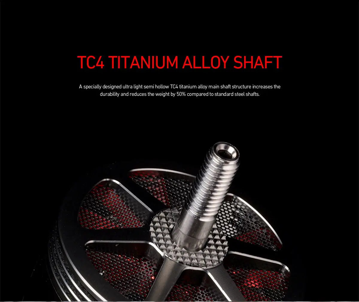 MAD CM3120 BANSHEE Brushless Motor, Lightweight TC4 titanium alloy semi-hollow main shaft for enhanced durability and reduced weight.