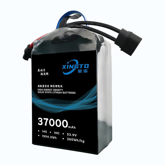 XINGTO Drone Battery, XINGTO 37000mAh 14S 53.9V solid-state lithium UAV battery, 10C, 260Wh/kg energy density, 37Ah capacity, supports up to 370A discharge.