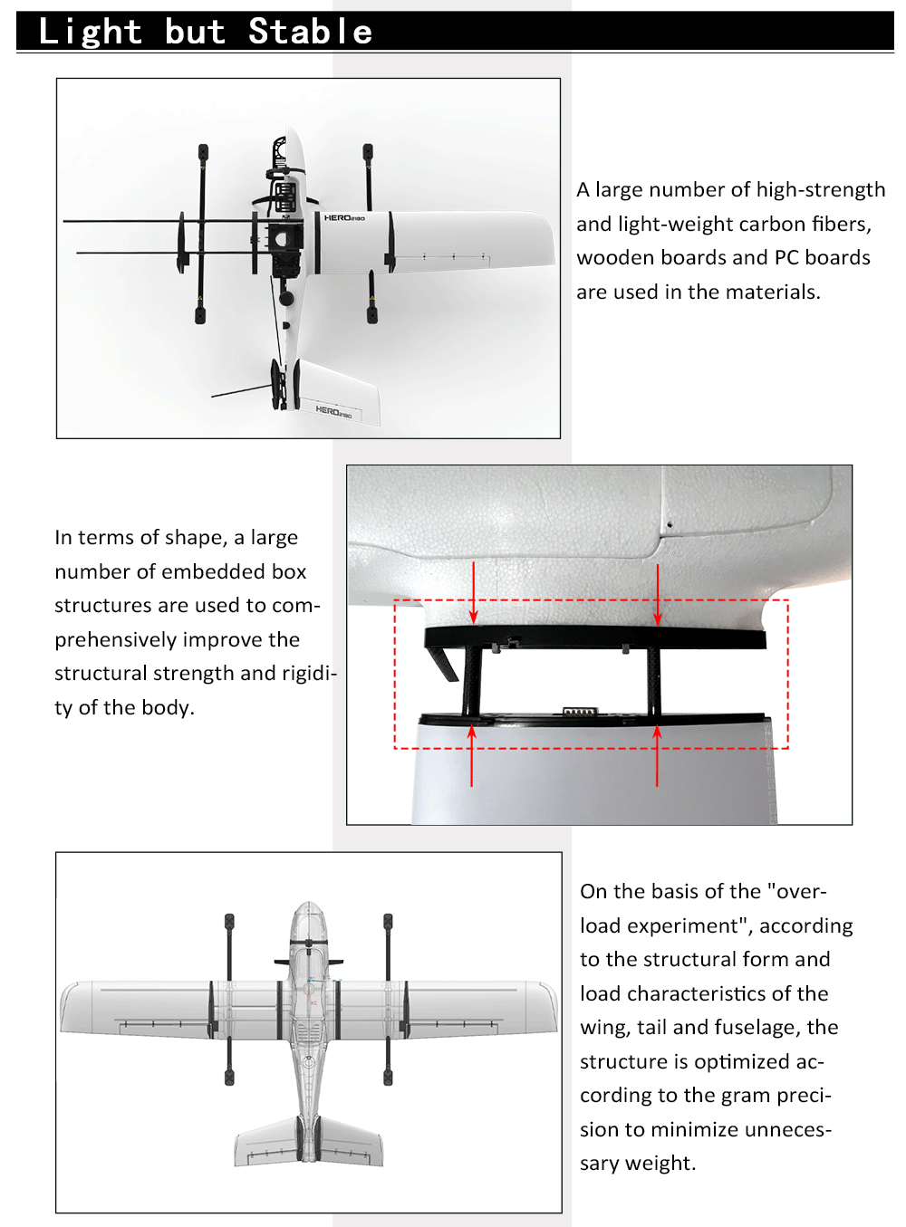 Makeflyeasy HERO VTOL, Lightweight aircraft with high-strength materials and reinforced structure for precision and stability.