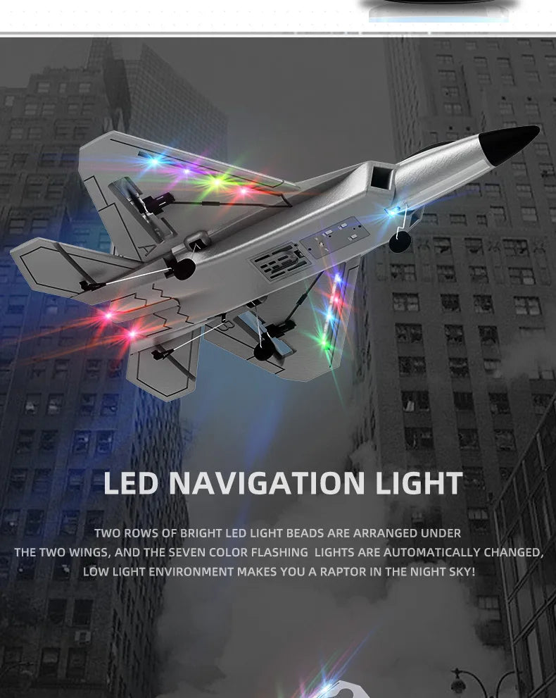 The BM22 F22 Fighter has a fixed-wing design with electric propulsion, four control channels, and LED navigation lights.