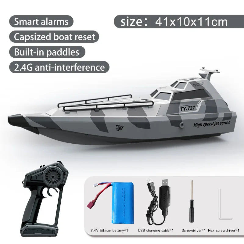 TY727 RC Boat, TY.727 high-speed RC boat features smart alarms, auto capsize reset, paddles, 2.4G anti-interference, 7.4V battery, USB cable, and tools—ideal for fast, reliable remote control fun.