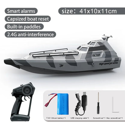 TY727 RC Boat, TY.727 high-speed RC boat features smart alarms, auto capsize reset, paddles, 2.4G anti-interference, 7.4V battery, USB cable, and tools—ideal for fast, reliable remote control fun.