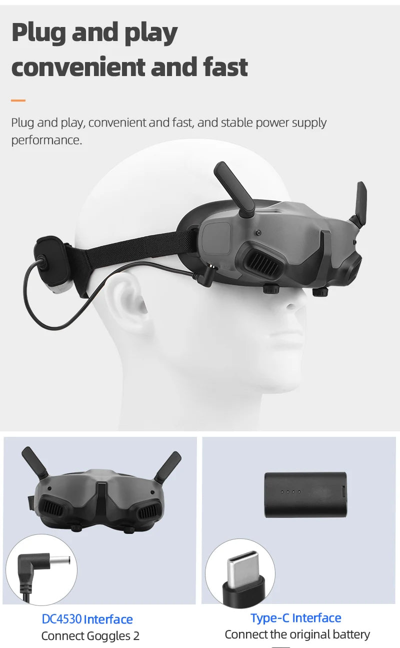Eye Mask/Pad for DJI AVATA Goggles 2, Plug and play convenient and fast, and stable power supply performance DC4530 Interface Type-C