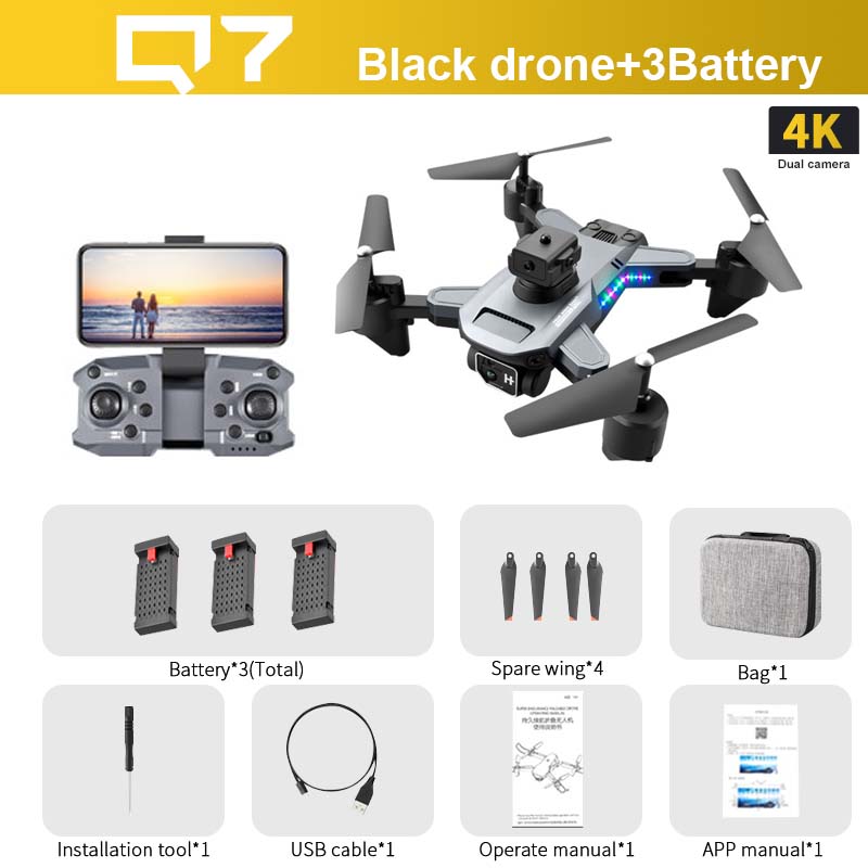 Q7 Drone, drone+3Battery 4K Dual camera Battery"1 Installation