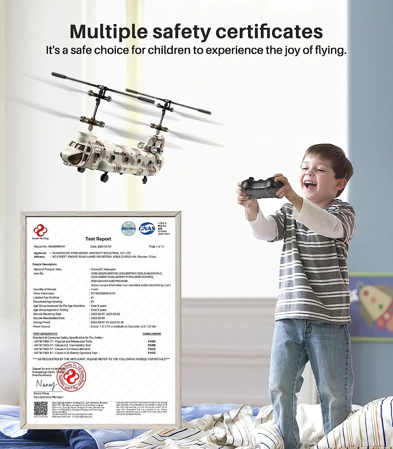SYMA S52H Remote Control Helicopter, multiple safety certificates are required to fly children's airplanes . one of them is 