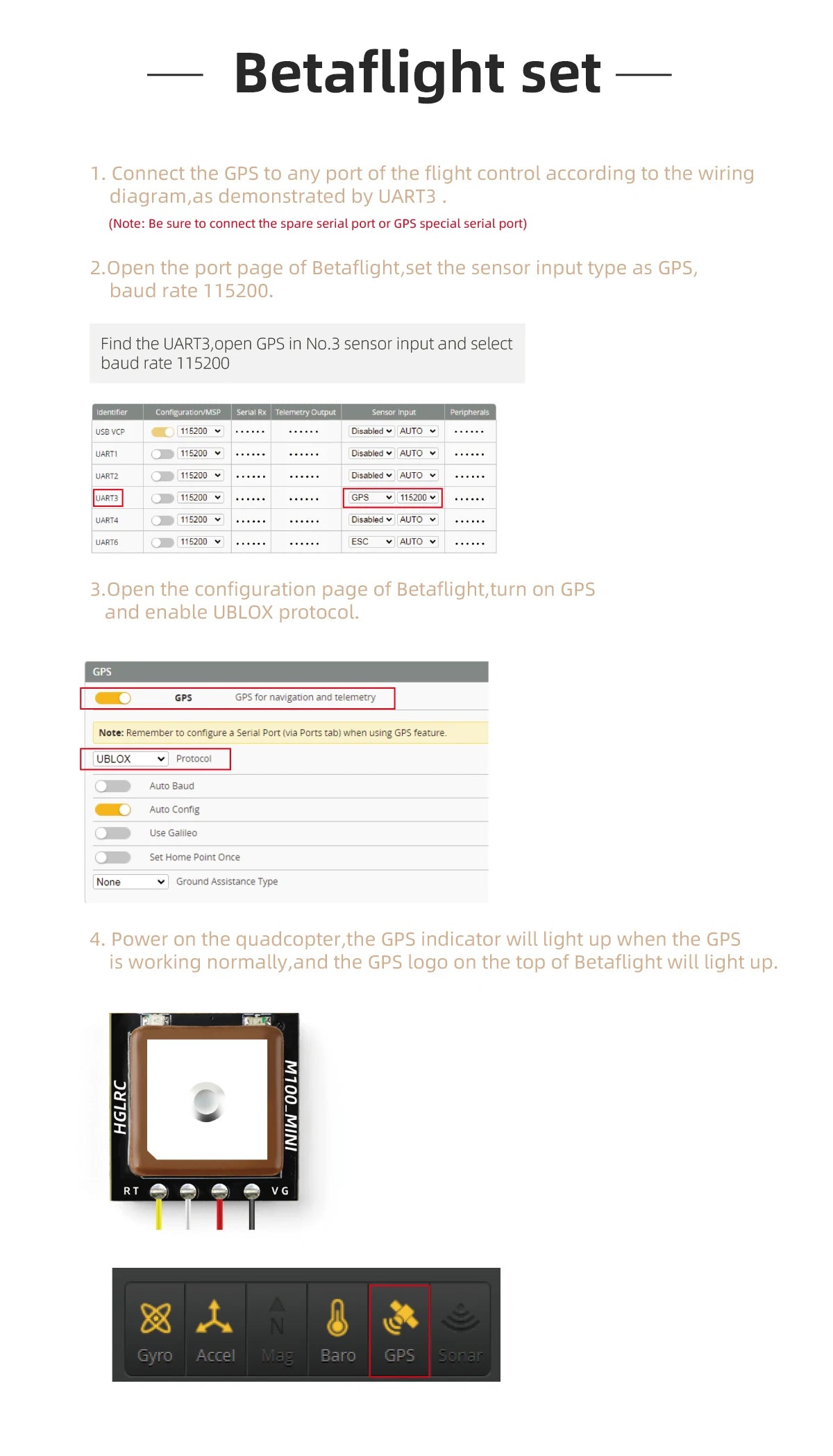 HGLRC M100 MINI GPS, betaflight connects the GPS to any port of the flight control according to the wiring diagram