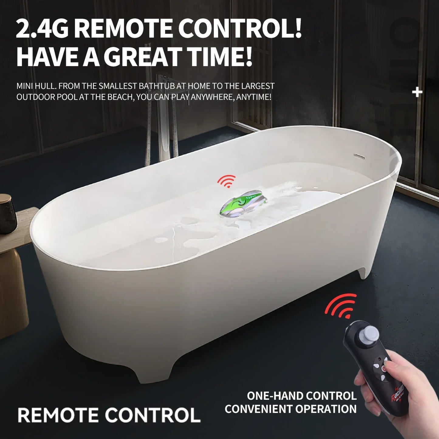 Mini Remote Controlled Boat, 2.4G remote control boat with 15m range, 360° rotation, LED lights, and rechargeable battery. Easy one-hand operation for bathtubs or pools.