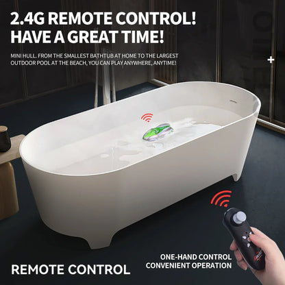 Mini Remote Controlled Boat, 2.4G remote control boat with 15m range, 360° rotation, LED lights, and rechargeable battery. Easy one-hand operation for bathtubs or pools.