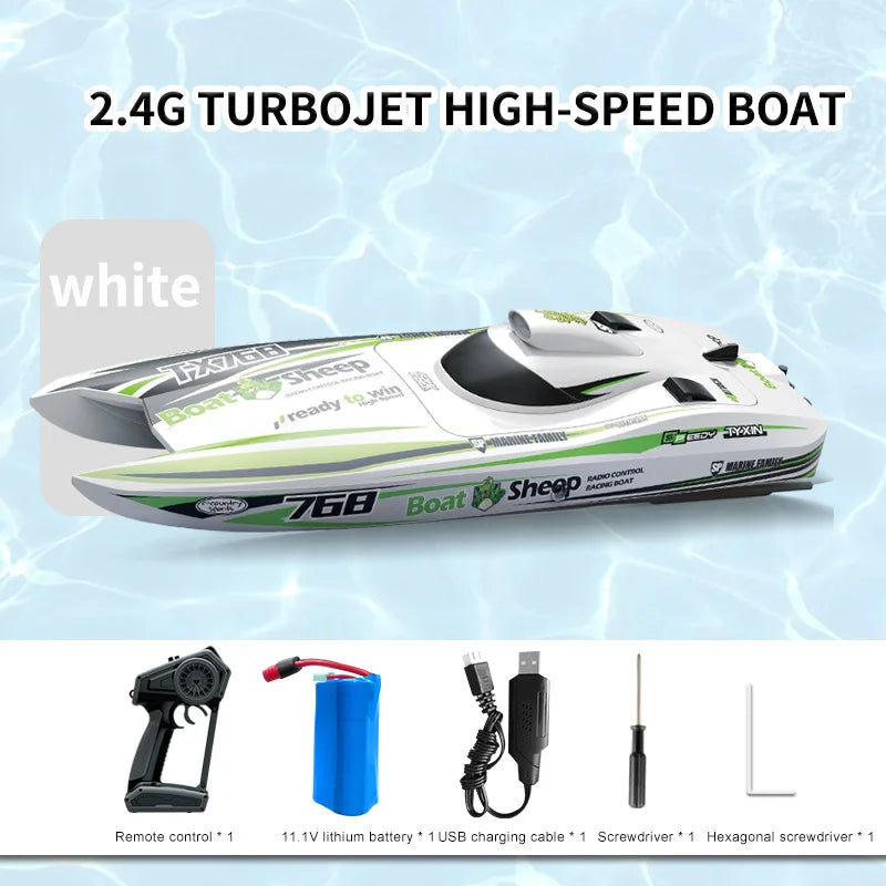 TX768 RC Boat, 2.4G Turbojet RC boat by Boat Sheep, model 768, white. Includes remote, battery, charger, tools. Ready-to-use with water-cooled brushless motor.