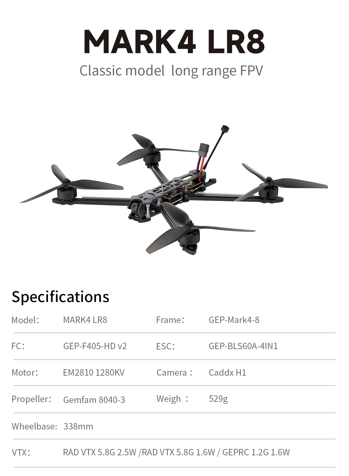 GEPRC MARK4 LR8 5.8G 1.6W FPV - 8inch EM2810 KV1280 GEP-BLS60A-4IN1 ESC Quadcopter LongRange Freestyle RC Drone Rc Airplane 8 GEPRC MARK4 LR8 5.8G 1.6W FPV, MARK4 LR8 Classic model long range FPV Specifications Model: MARK