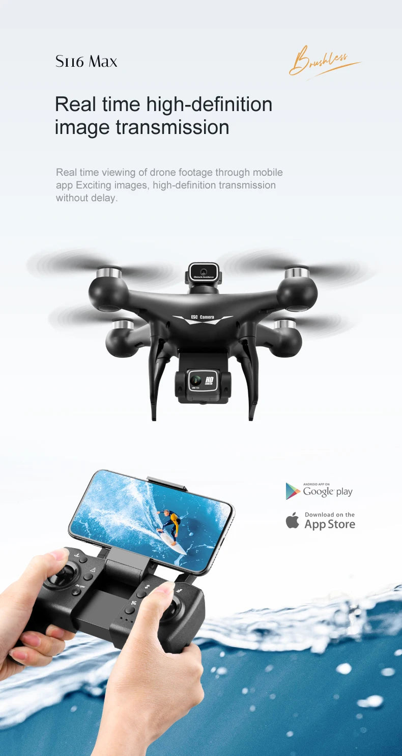 S116 MAX Drone, Real-time 4K aerial footage with obstacle avoidance and smooth transmission through a mobile app.