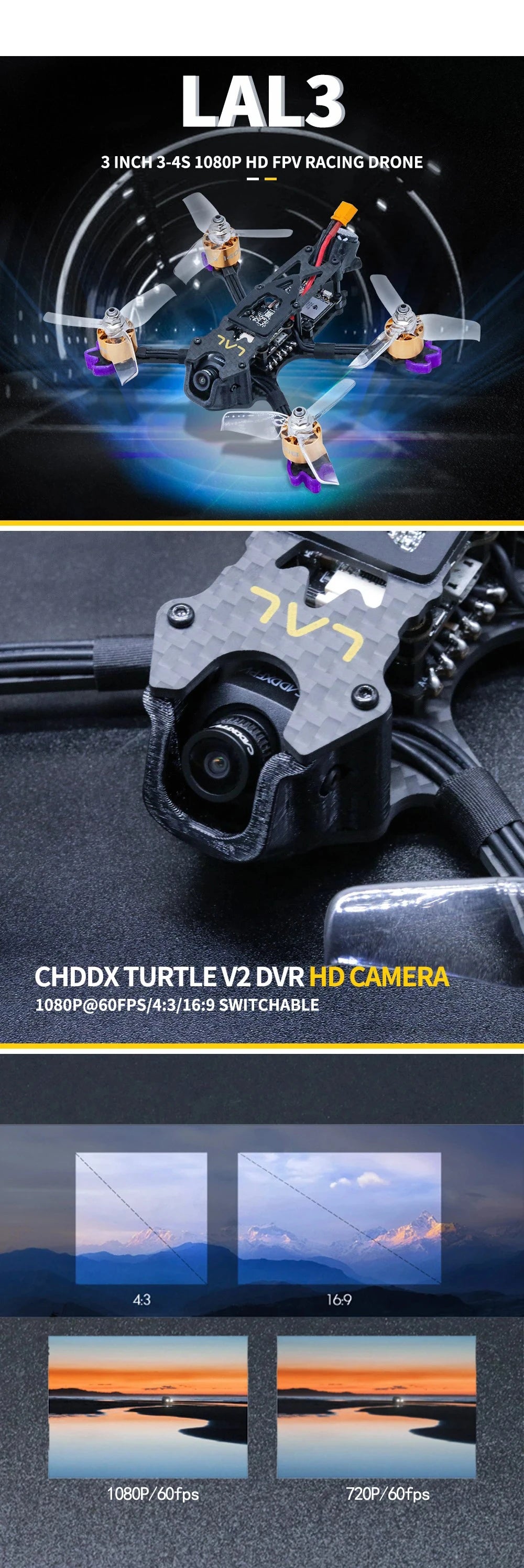 TCMMRC LAL3 FPV Racing Drone Kit - 3-Inch 145mm 3-4S FPV Racing Drone PNP Caddx Turtle V2 HD 1408 3750KV Motor 25A ESC 300MW VTX 8 TCMMRC LAL3 FPV Racing Drone, 108OP@6OFPS/4:3/16:9 SWITCHABLE 43