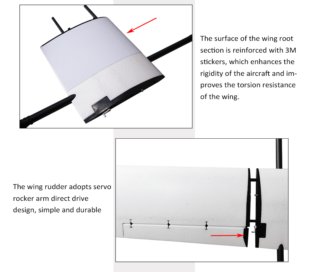 Makeflyeasy HERO VTOL, Enhanced rigidity and torsion resistance with 3M-strengthened wing roots and servo-driven design.