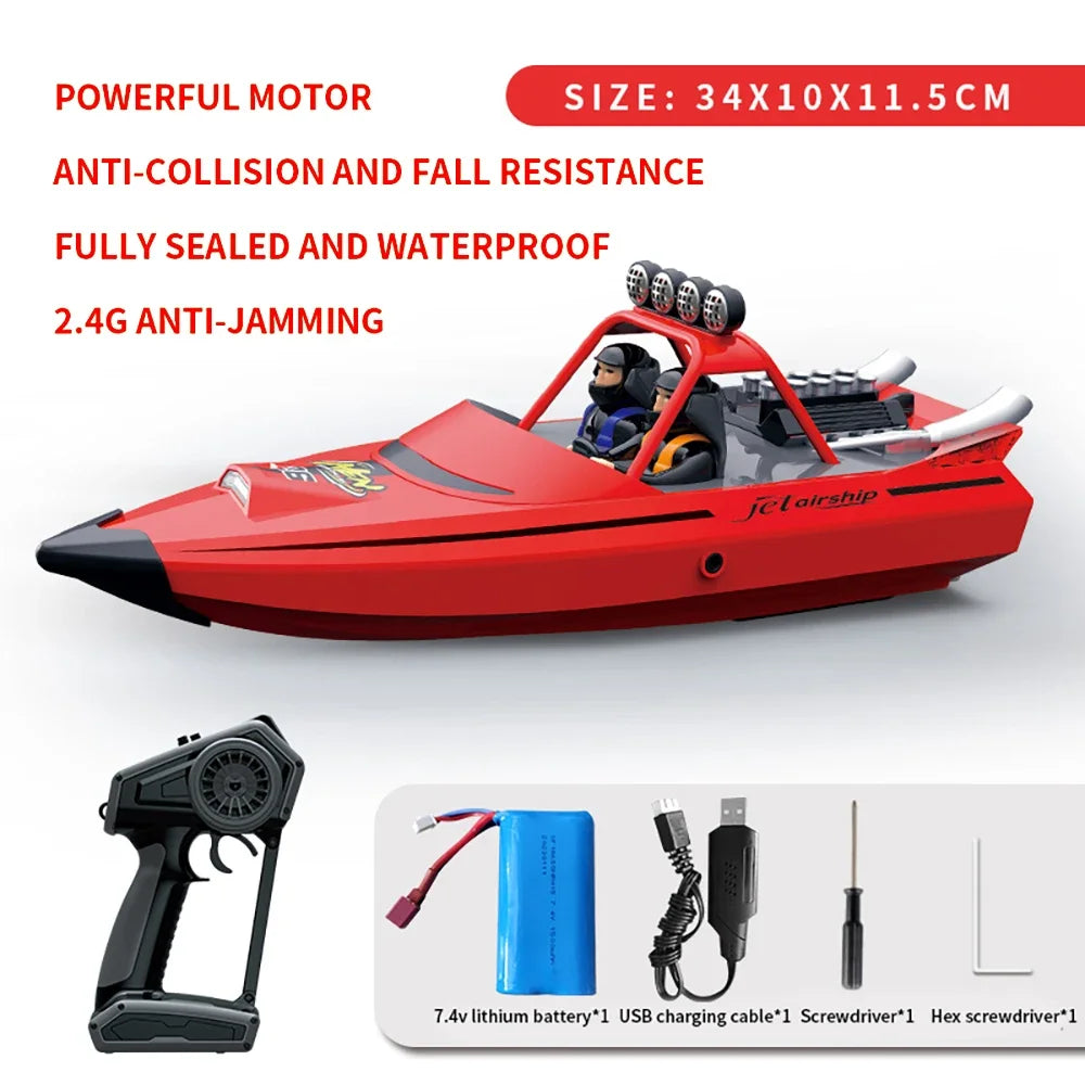 JJRC TY725 RC Boat, Remote-controlled jet airship boat with powerful motor, anti-collision, waterproof design, 2.4G anti-jamming; includes battery, USB cable, screwdrivers; size 34x10x11.5cm.