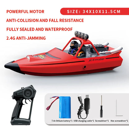 JJRC TY725 RC Boat, Remote-controlled jet airship boat with powerful motor, anti-collision, waterproof design, 2.4G anti-jamming; includes battery, USB cable, screwdrivers; size 34x10x11.5cm.