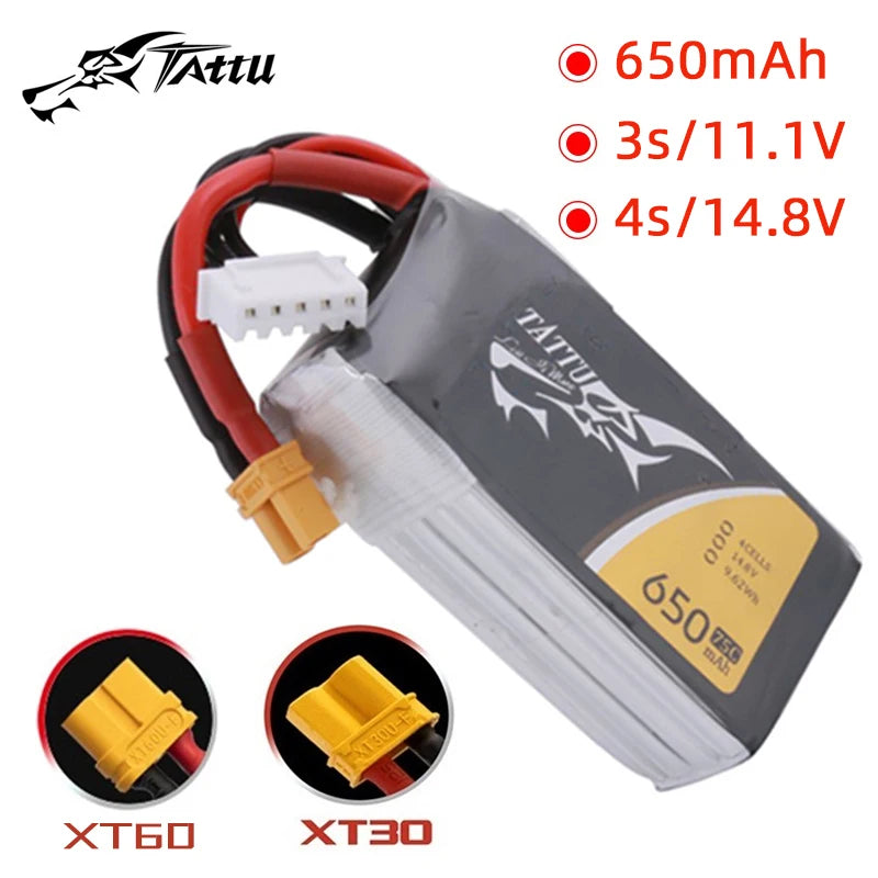 باتری TATTU 3S/4S 11.1/14.8V 650mAh 75C LiPo برای پهپاد مسابقه ای FPV با دوشاخه XT30/XT60