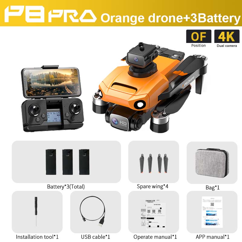 P8 Pro GPS Drone, PBFRA orange drone+3Battery OF 4K Position