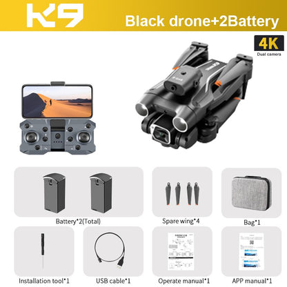 K9 RC Drone, KD Black drone+2Battery 4K Dual camera Battery