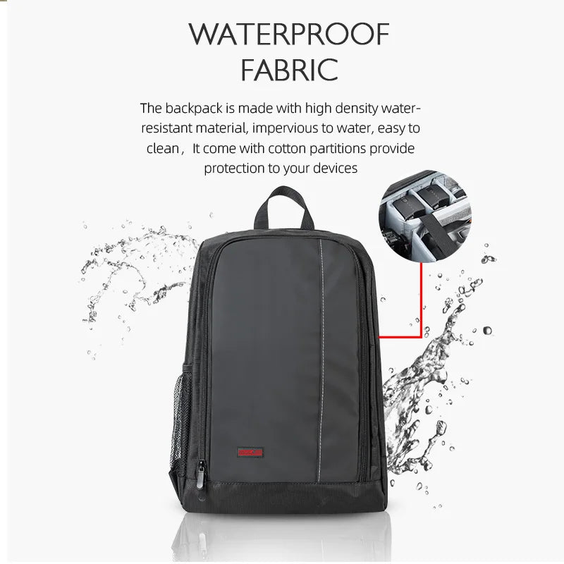 The backpack has a waterproof design and cotton partitions for device protection.