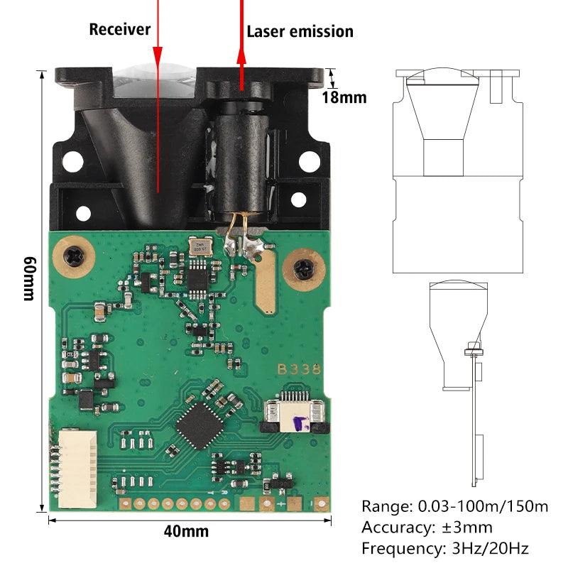 Meskernel LDJ-70 Laser Distance Measurement Sensor, Laser distance sensor with 0.03–150m range, ±3mm accuracy, and selectable 3Hz or 20Hz measurement frequency.