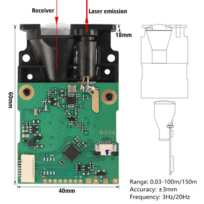 Meskernel LDJ-70 Laser Distance Measurement Sensor, Laser distance sensor with 0.03–150m range, ±3mm accuracy, and selectable 3Hz or 20Hz measurement frequency.