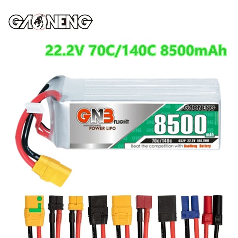 Gaoneng GNB 6S 22.2V 8500mAh 70C Lipo Battery, High-performance battery for FPV drones with 70C continuous discharge and XT90/T plug.