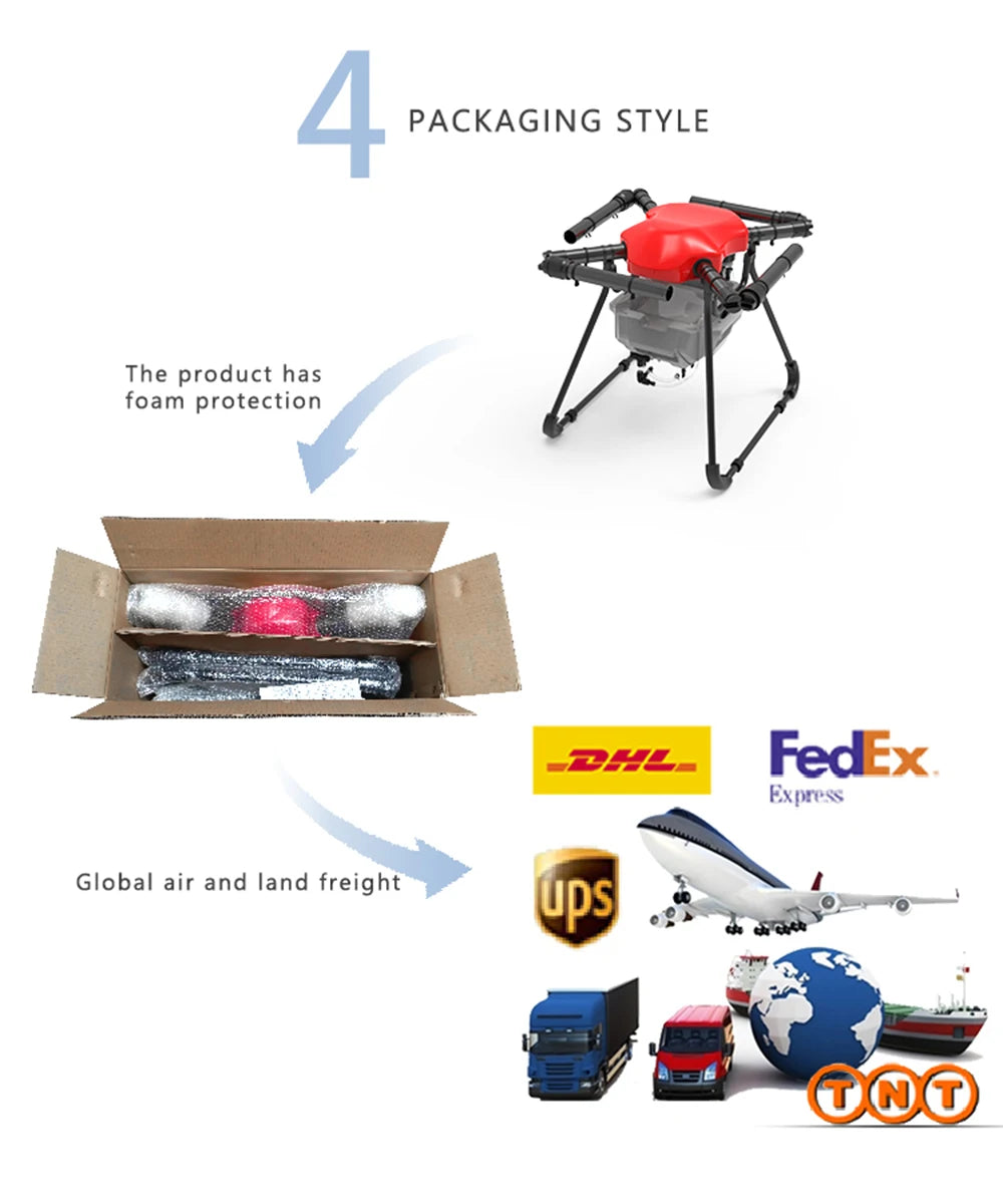 Agricultural spraying drone frame with 4-axis design and global shipping options via FedEx Express and other carriers.