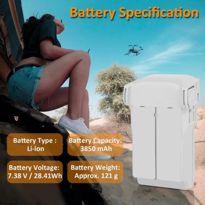 DJI Mini 4 pro Battery, Product specifications include Li-ion battery with 3850mAh capacity, 7.38V voltage, and weight of approximately 121g.