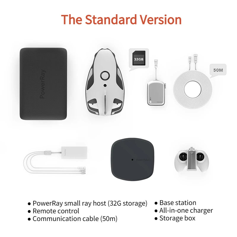 PowerVision PowerRay Underwater Camera Drone, PowerRay Standard Version includes host, remote, cable, base, charger, and storage box.