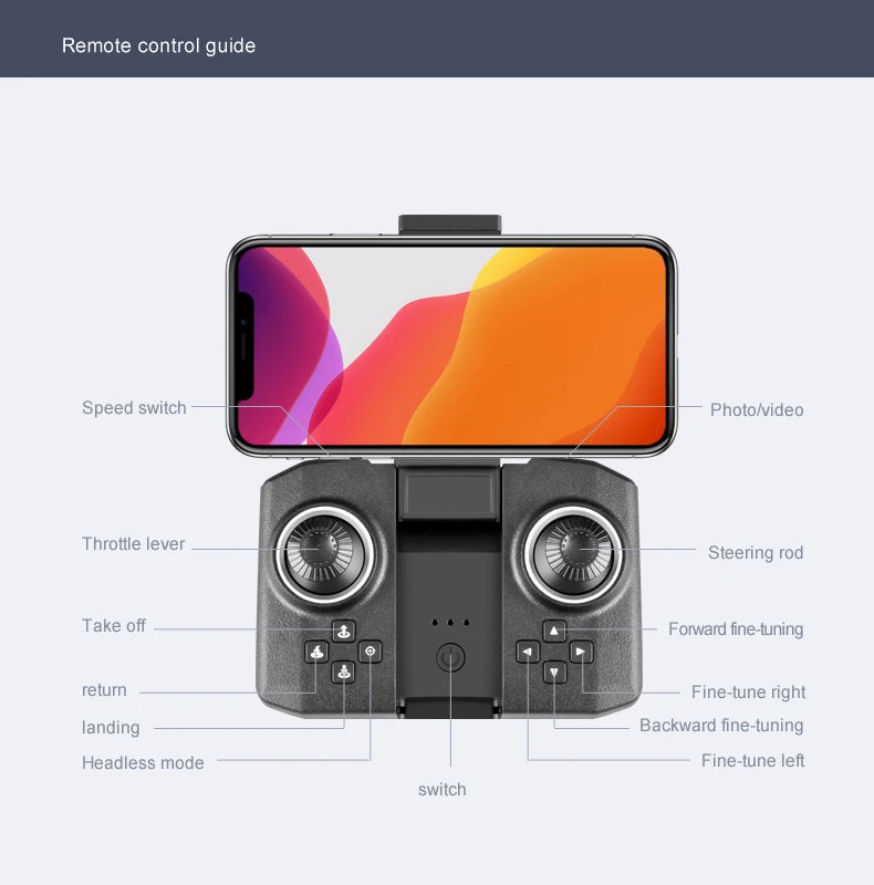 KBDFA XT6 Mini Drone, remote control guide speed switch photolvideo throllle lever steering