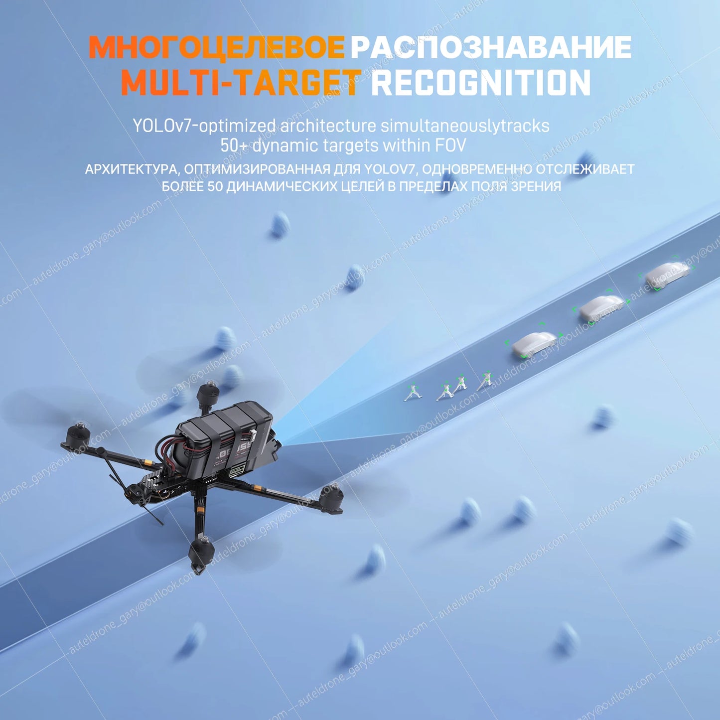 FPV AI Camera, YOLOv7-optimized system tracks 50+ dynamic targets with 1 TOPS, 1080p@30Hz, CRSF, PiP, detecting vehicles up to 450m and humans up to 170m.